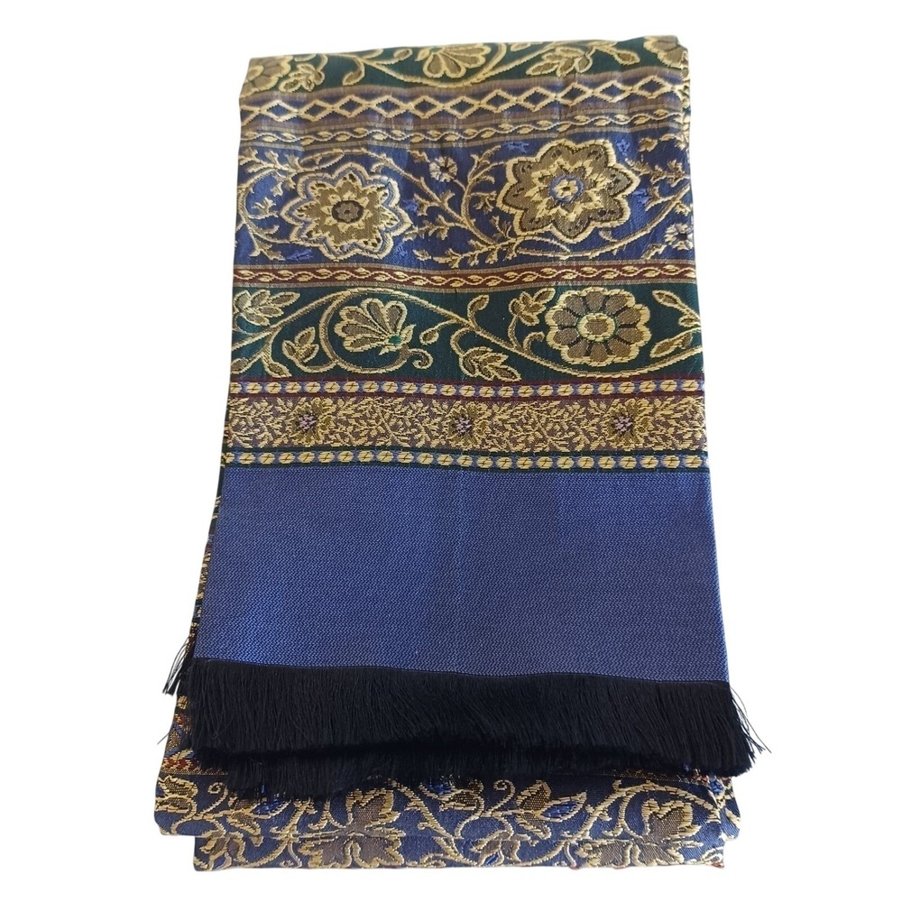 Saks Fifth Avenue Mens Silk Scarf Blue Gold Floral Brocade Fringed Made in Italy